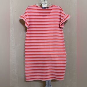 Land’s End Coral and Pink Striped Ruffle Sleeve Mini Dress Sz Medium(8-10)